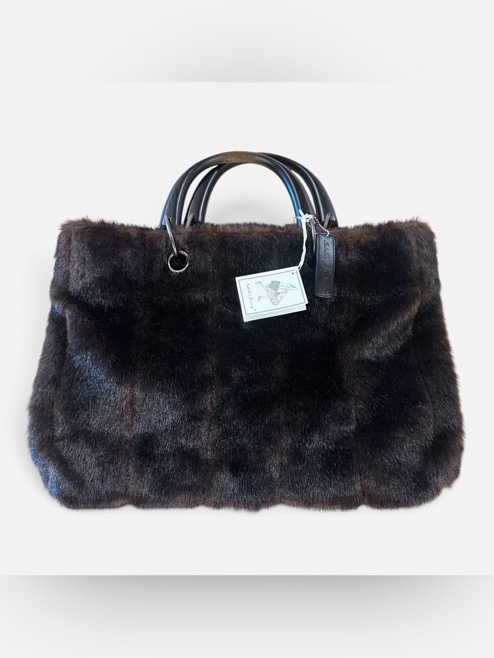 lsabella’s Journey Chocolate Brown Faux Fur Handbag with Wooden Handles NWT